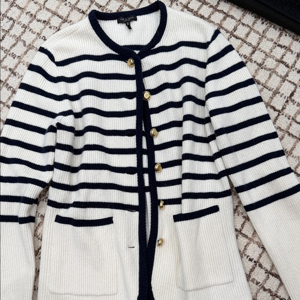 rag & bone Navy and White Striped Cardigan with Gold Buttons